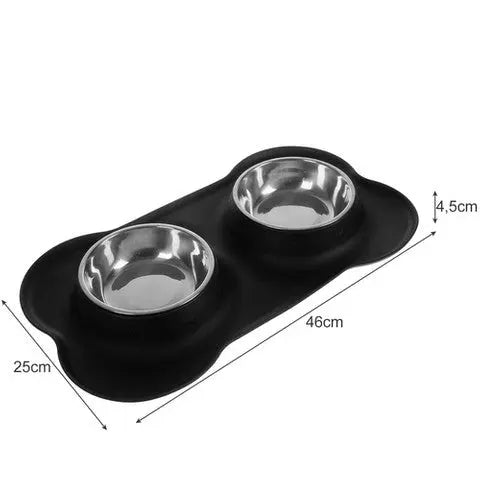 Bol Dublu pentru Caini si Pisici din Metal + Silicon, 450 ml, Negru - Cumpara24