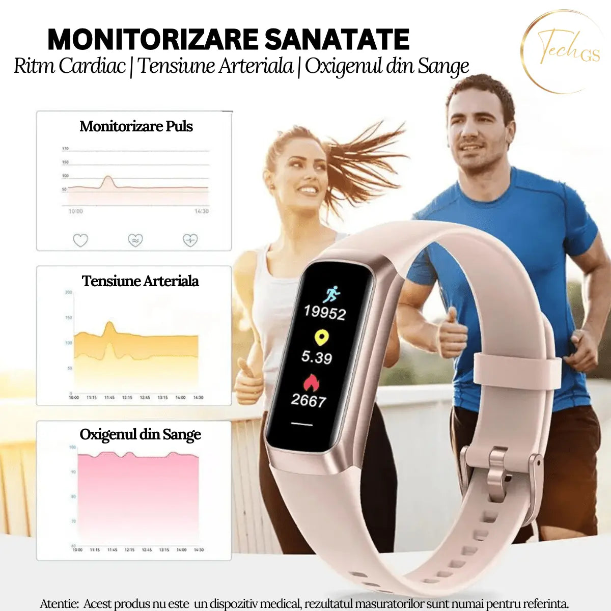 Ceas si Bratara Fitness 2 in 1 TechGS®, Roz - Cumpara24