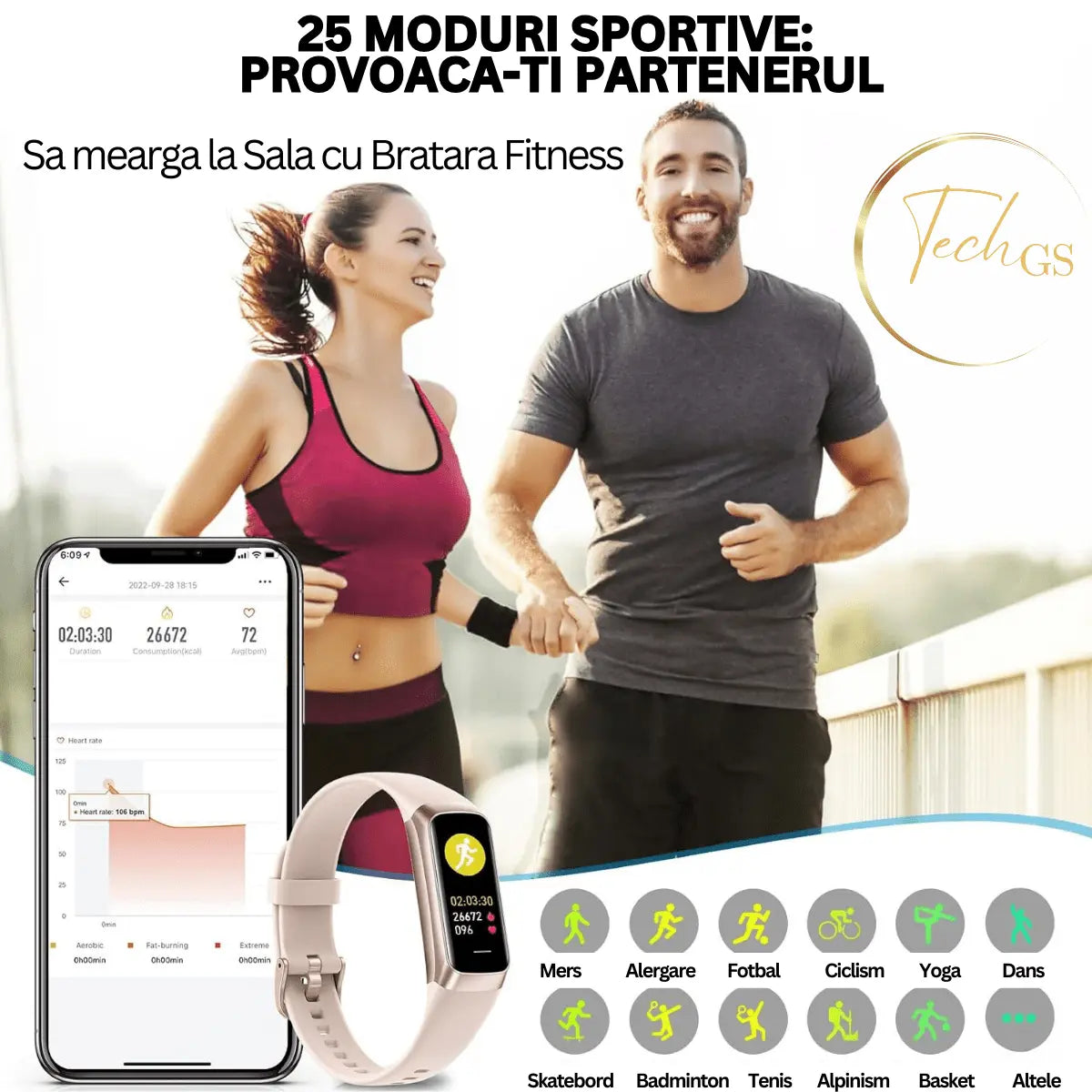 Ceas si Bratara Fitness 2 in 1 TechGS®, Roz - Cumpara24
