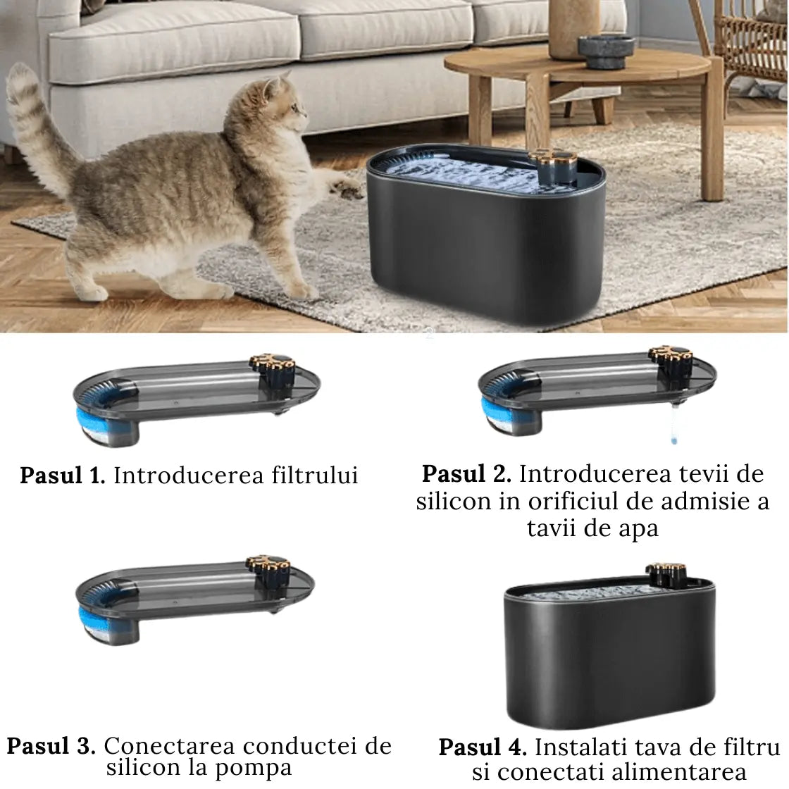 Dispenser de Apa Automat, Tip Fantana pentru Pisici/Caini cu Purificare si Filtrare prin Carbune Activ, Led Luminos, 3L, Senzor Nivel Apa, Silentios, Adaptor Priza, Dark Gray - Cumpara24