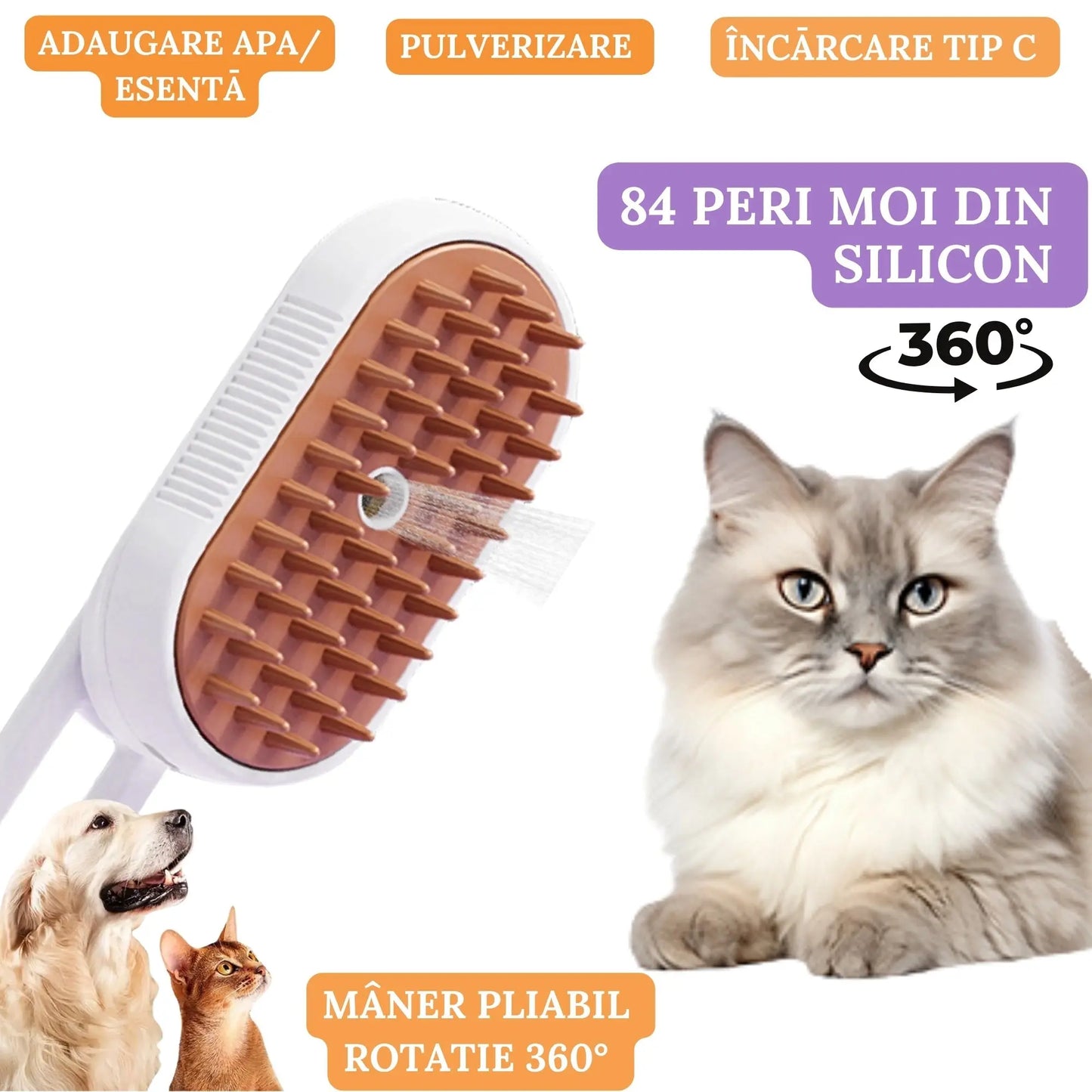 Perie Ergonomica 3 in 1 cu Vapori de Apa, PetLife pentru Caini si Pisici, Peri din Silicon Moi, Dozator Incorporat, Functie de Indepartare Par Excesiv, Efect de Masaj, Stimuleaza Circulatia Sanguina, Incarcare TipC + Rola Saci Igenici, Alb Maroniu - Cumpara24