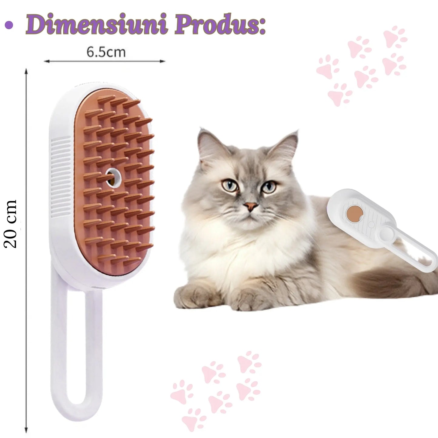 Perie Ergonomica 3 in 1 cu Vapori de Apa, PetLife pentru Caini si Pisici, Peri din Silicon Moi, Dozator Incorporat, Functie de Indepartare Par Excesiv, Efect de Masaj, Stimuleaza Circulatia Sanguina, Incarcare TipC + Rola Saci Igenici, Alb Maroniu - Cumpara24