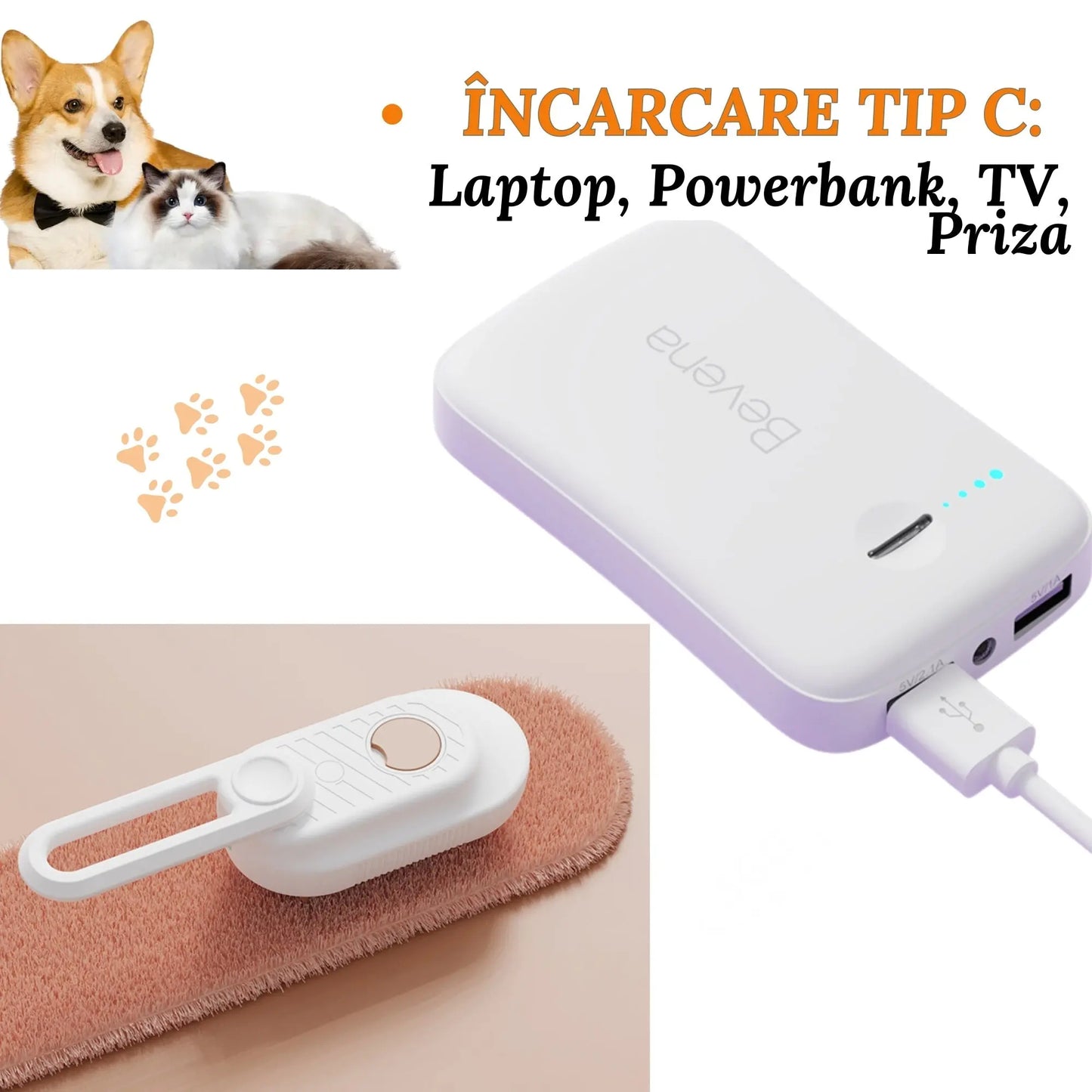 Perie Ergonomica 3 in 1 cu Vapori de Apa, PetLife pentru Caini si Pisici, Peri din Silicon Moi, Dozator Incorporat, Functie de Indepartare Par Excesiv, Efect de Masaj, Stimuleaza Circulatia Sanguina, Incarcare TipC + Rola Saci Igenici, Alb Maroniu - Cumpara24