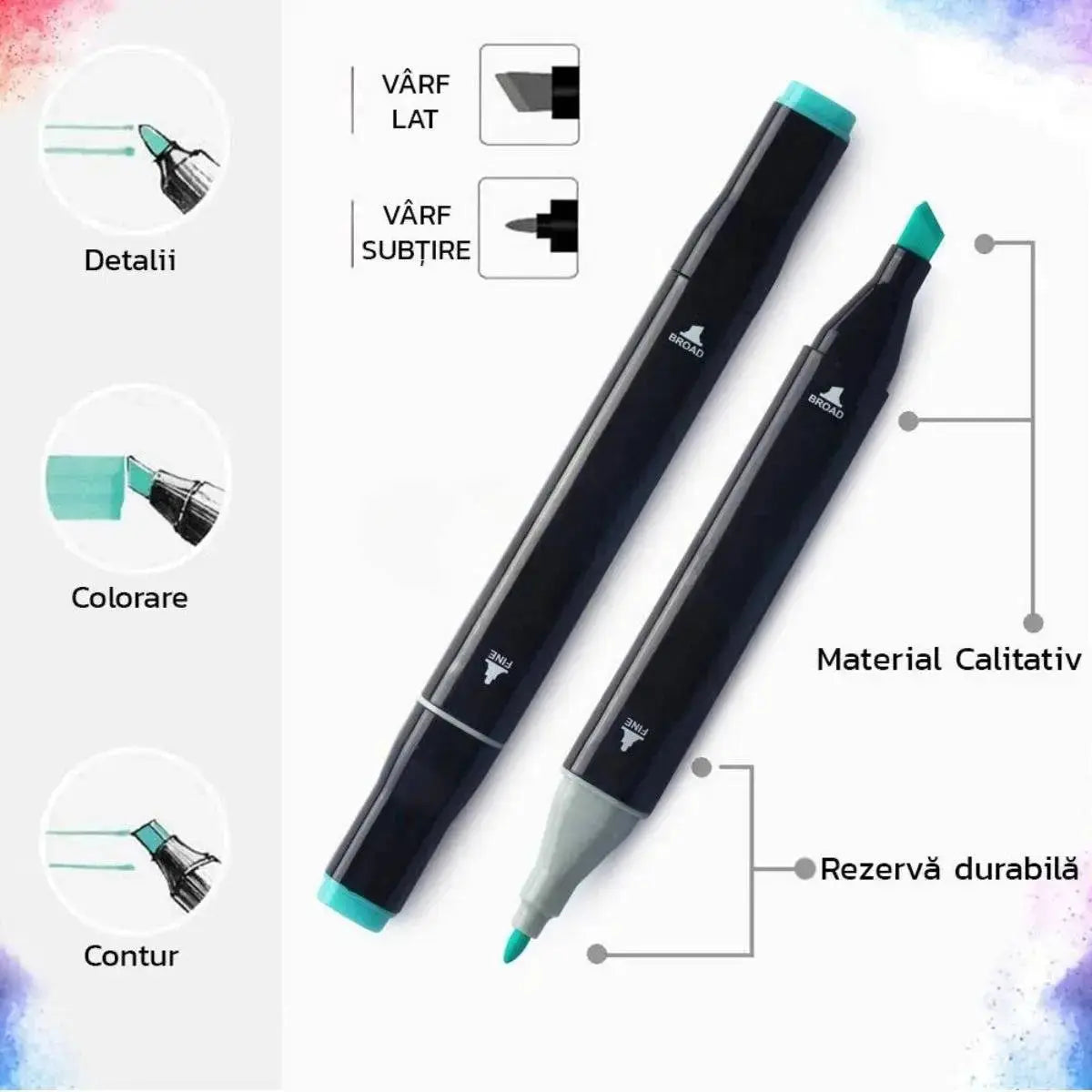 Set Markere Duble, Carioci Profesionale, Cu Cerneala pe Baza de Alcool, 168 DE CULORI, Multicolore - Cumpara24