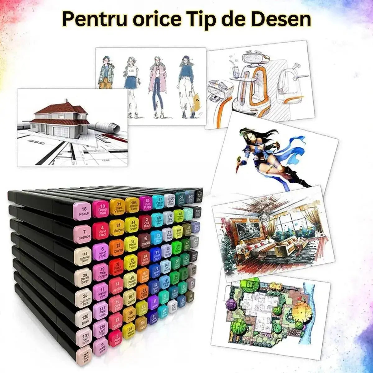 Set Markere Duble, Carioci Profesionale, Cu Cerneala pe Baza de Alcool, 168 DE CULORI, Multicolore - Cumpara24