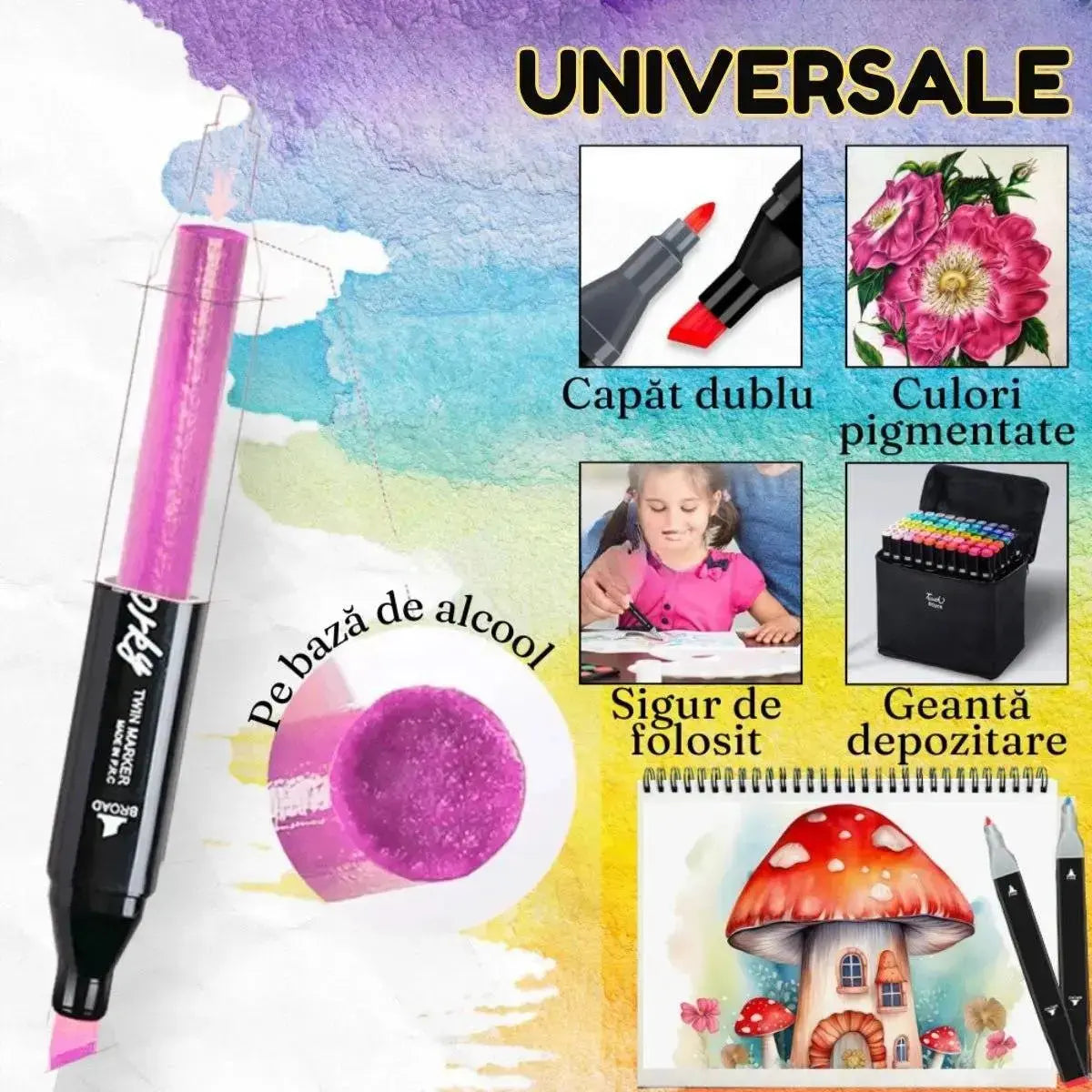 Set Markere Duble, Carioci Profesionale, Cu Cerneala pe Baza de Alcool, 168 DE CULORI, Multicolore - Cumpara24