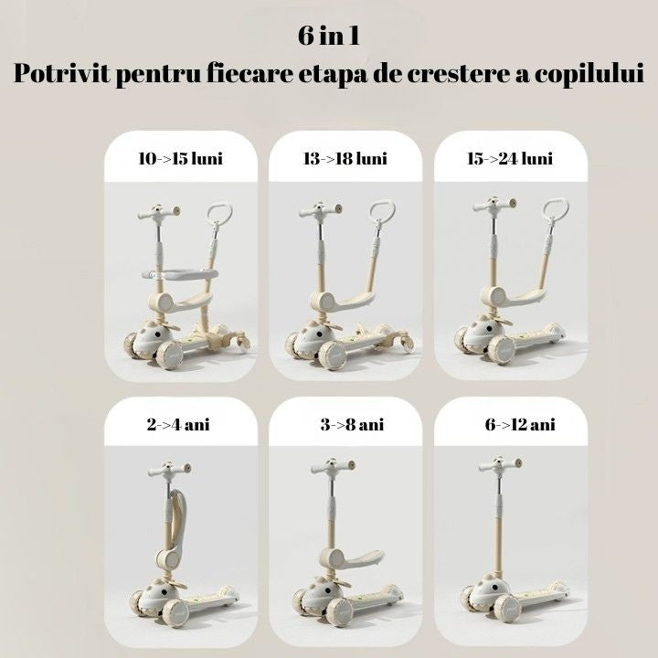 Trotineta Multifunctionala 6 in 1 pentru Copii De La 10 Luni Pana La 12 Ani, Pliere Usoara, Reglarea Inaltimii, Model Dinozaur, Alb/Bej