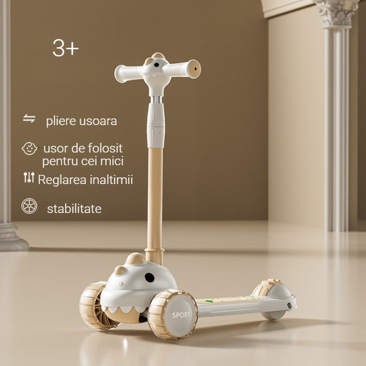 Trotineta Multifunctionala 6 in 1 pentru Copii De La 10 Luni Pana La 12 Ani, Pliere Usoara, Reglarea Inaltimii, Model Dinozaur, Alb/Bej