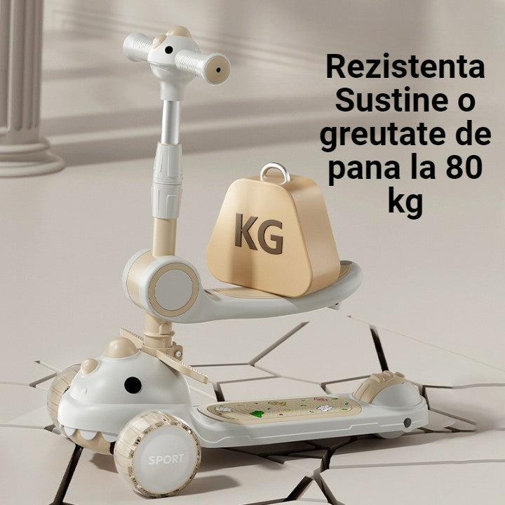 Trotineta Multifunctionala 6 in 1 pentru Copii De La 10 Luni Pana La 12 Ani, Pliere Usoara, Reglarea Inaltimii, Model Dinozaur, Alb/Bej