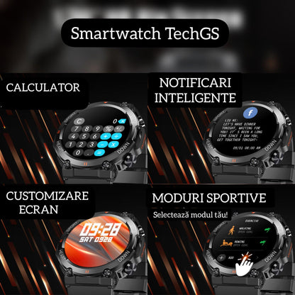 Ceas smartwatch barbati, TechGS®, Military Blade, baterie 400mAh, Rezistent la apa IP68, Functii multiple, Notificari Apeluri/Mesaje/Social Media, Conectivitate Android/iOS, Negru - Greieras Store