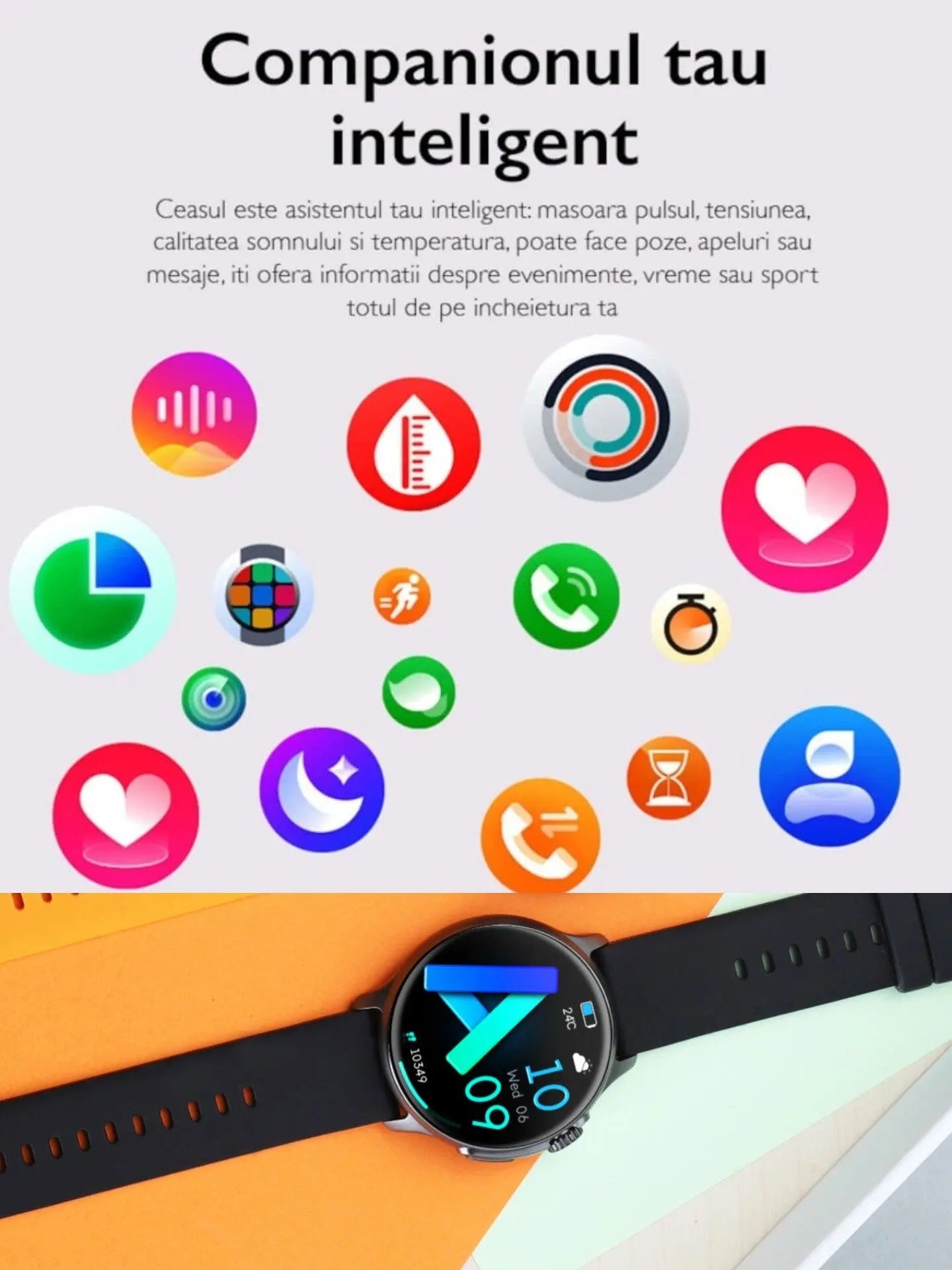 Ceas Smartwatch Unisex, TechGS®, Ecran AMOLED HD de 1.43 inch, Functie Always ON, Rezistenta Inalta, Convorbire prin Bluetooth, Negru - Cumpara24