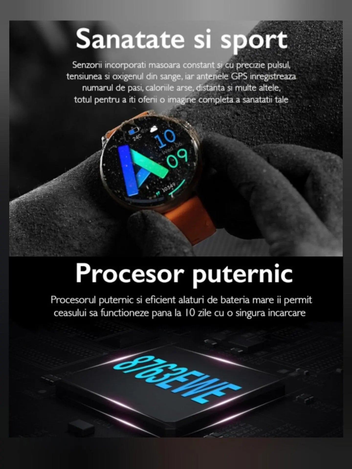 Ceas Smartwatch Unisex, TechGS®, Ecran AMOLED HD de 1.43 inch, Functie Always ON, Rezistenta Inalta, Convorbire prin Bluetooth, Negru - Cumpara24