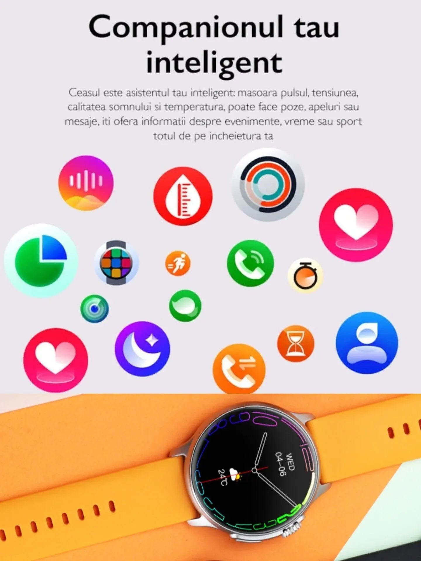 Ceas Smartwatch Unisex, TechGS®, Ecran AMOLED HD de 1.43 inch, Functie Always ON, Rezistenta Inalta, Convorbire prin Bluetooth, Portocaliu - Cumpara24