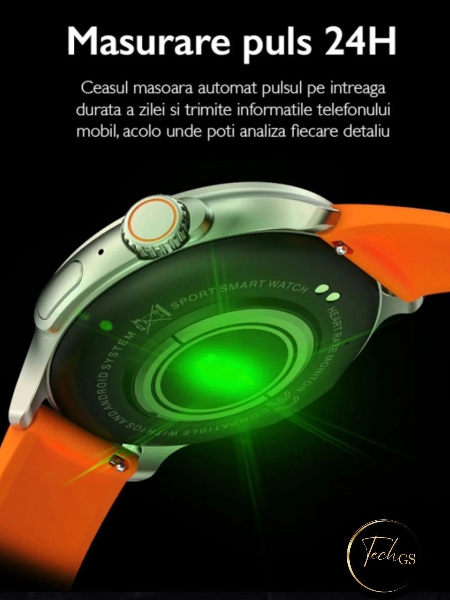Ceas Smartwatch Unisex, TechGS®, Ecran AMOLED HD de 1.43 inch, Functie Always ON, Rezistenta Inalta, Convorbire prin Bluetooth, Portocaliu - Cumpara24