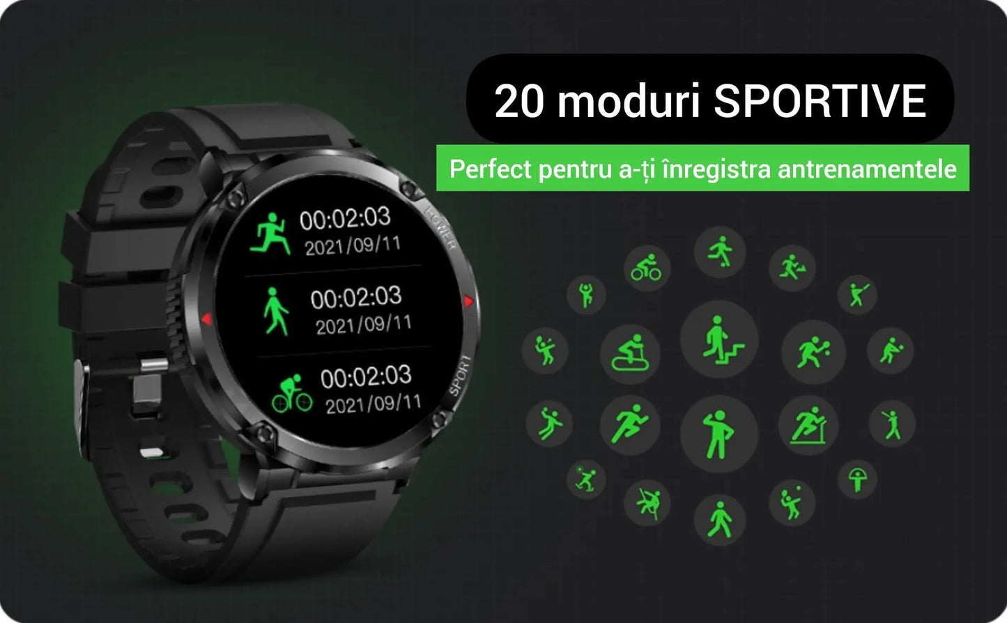 Ceas Smartwatch,TechGS®, pentru expeditii cu aliaje Militare, Baterie 600 mAh, Meniu în Limba Română + Folie de Protecție Ecran - Cumpara24