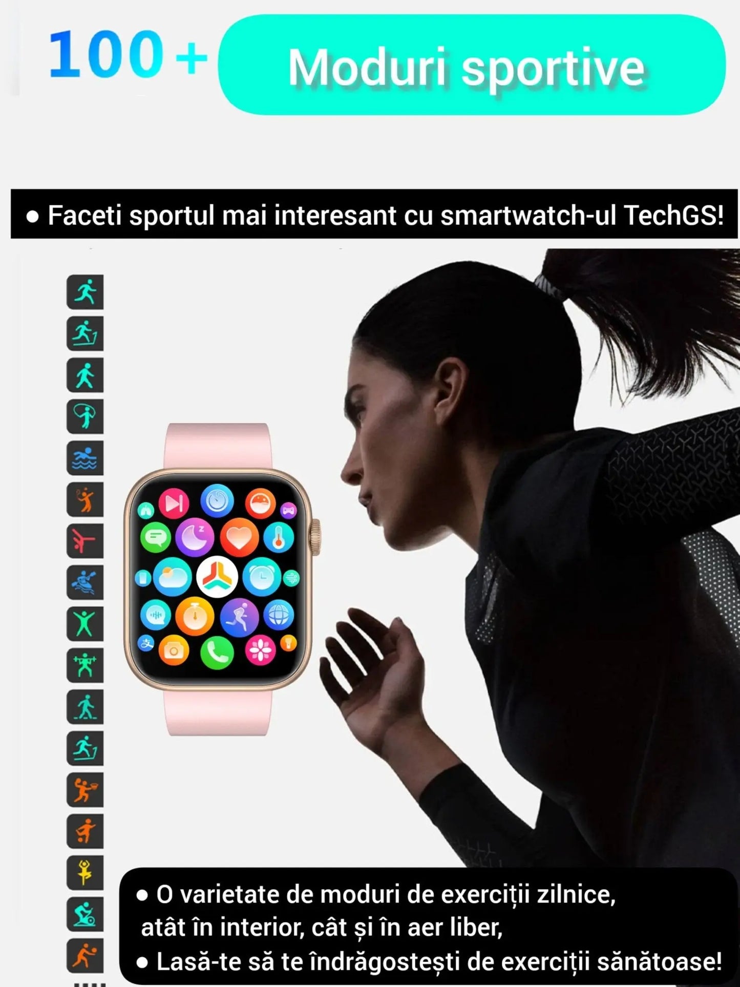 Smartwatch TechGS®, Ecran TFT HD 1.85", Bluetooth 5.2, Monitorizare Cardiaca/Oxigen Sange/Temperatura, 100+ Modele Sportive, Rezistent la Apa IP67, Apeluri Bluetooth, Compatibil Android & iOS, Roz - Cumpara24
