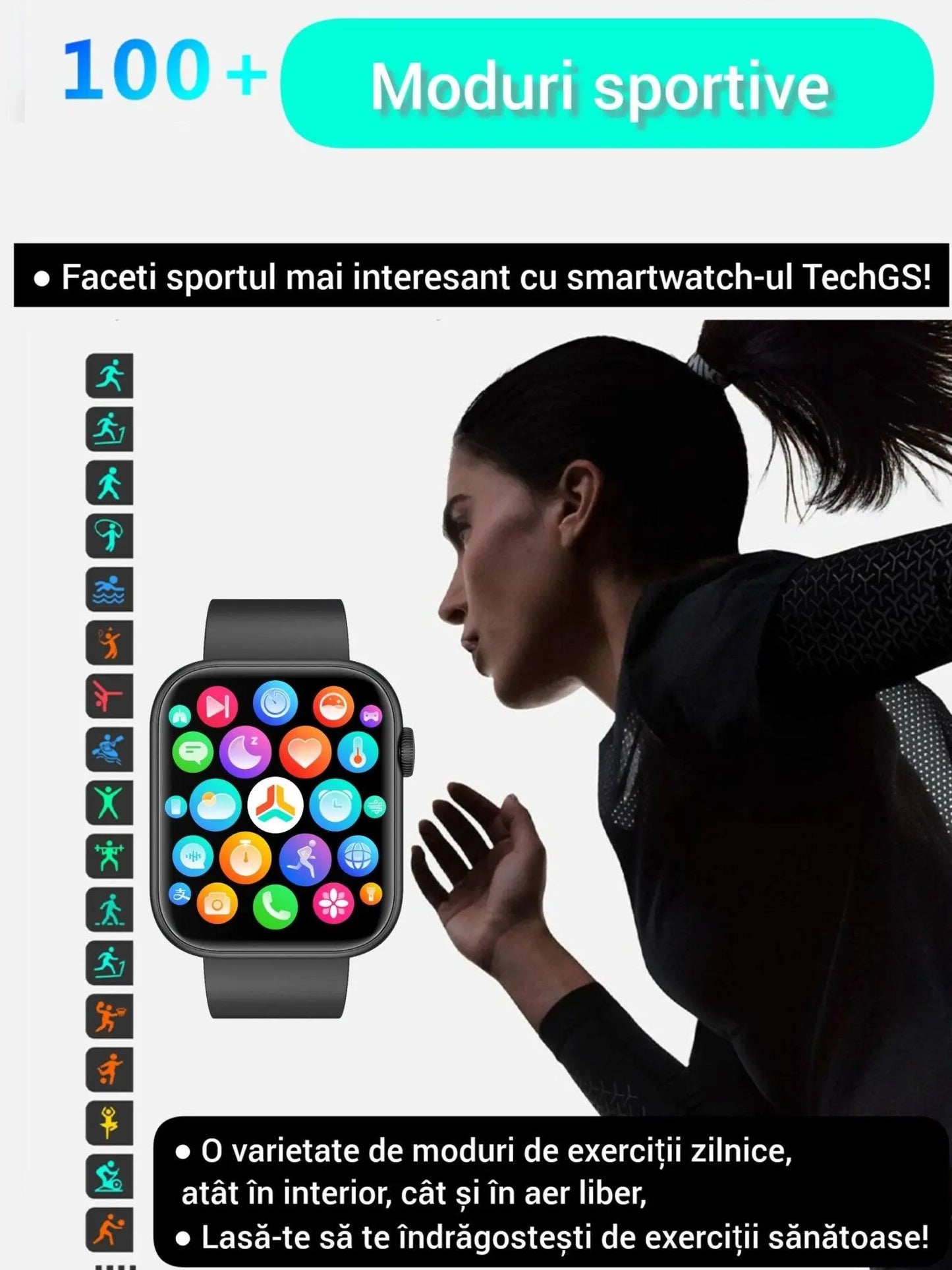 Smartwatch TechGS®, Ecran TFT HD 1.85", Bluetooth 5.2, Monitorizare Cardiaca/Oxigen Sange/Temperatura, 100+ Modele Sportive, Rezistent la Apa IP67, Apeluri Bluetooth, Compatibil Android & iOS, Negru - Cumpara24