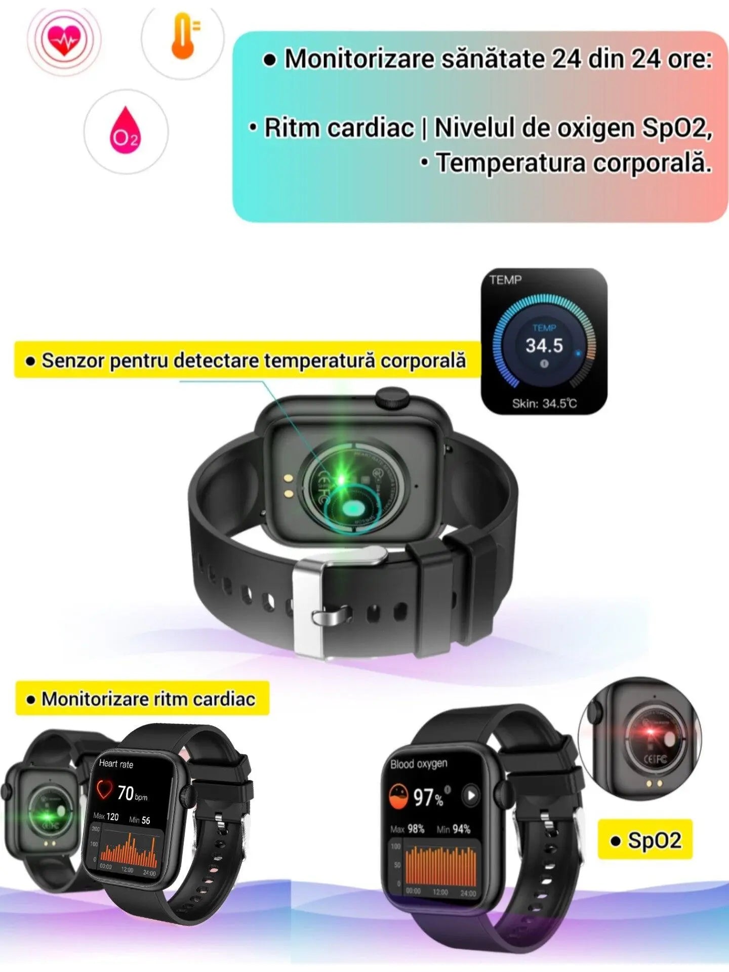 Smartwatch TechGS®, Ecran TFT HD 1.85", Bluetooth 5.2, Monitorizare Cardiaca/Oxigen Sange/Temperatura, 100+ Modele Sportive, Rezistent la Apa IP67, Apeluri Bluetooth, Compatibil Android & iOS, Negru - Cumpara24