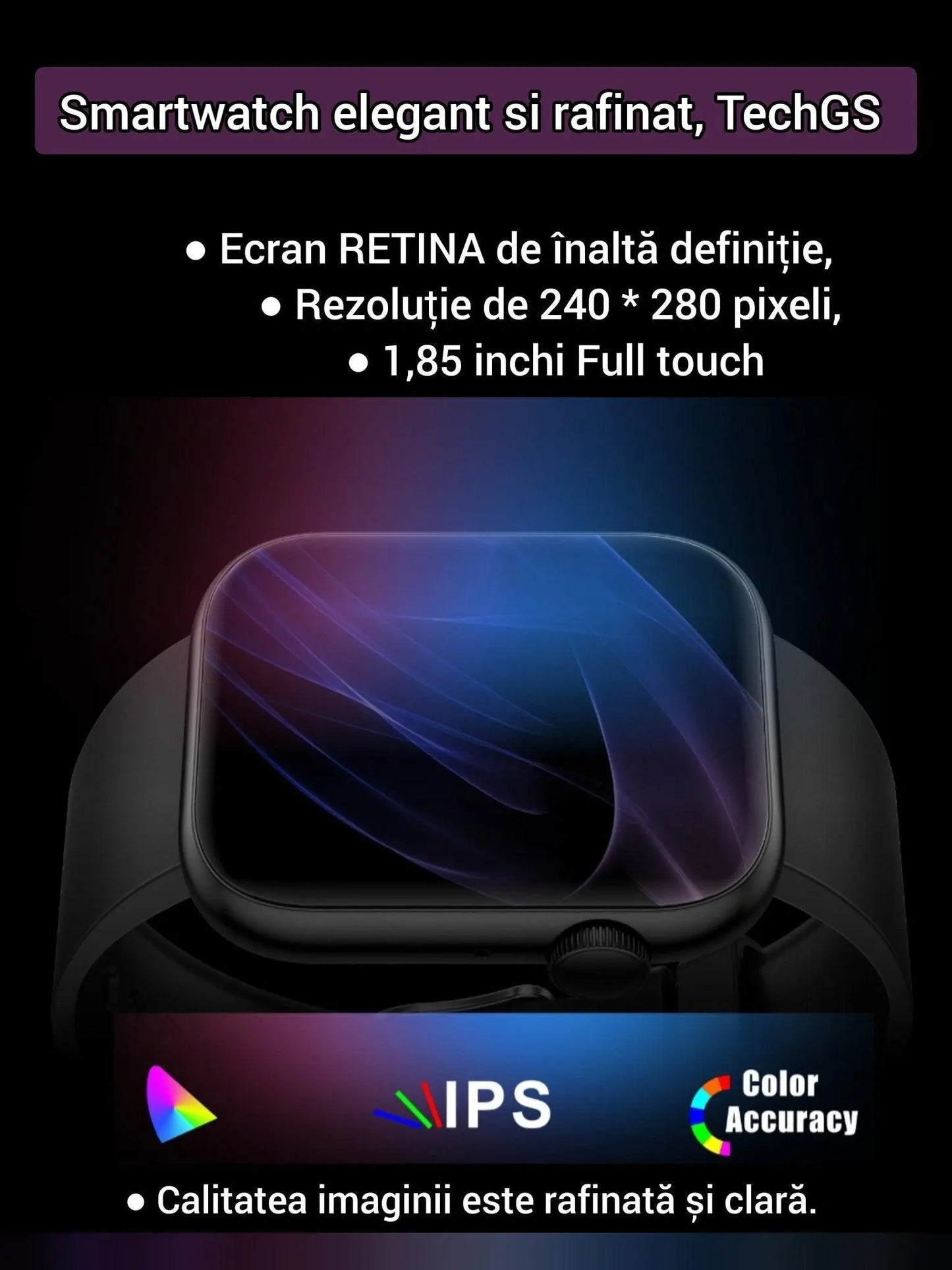 Smartwatch TechGS®, Ecran TFT HD 1.85", Bluetooth 5.2, Monitorizare Cardiaca/Oxigen Sange/Temperatura, 100+ Modele Sportive, Rezistent la Apa IP67, Apeluri Bluetooth, Compatibil Android & iOS, Negru - Cumpara24