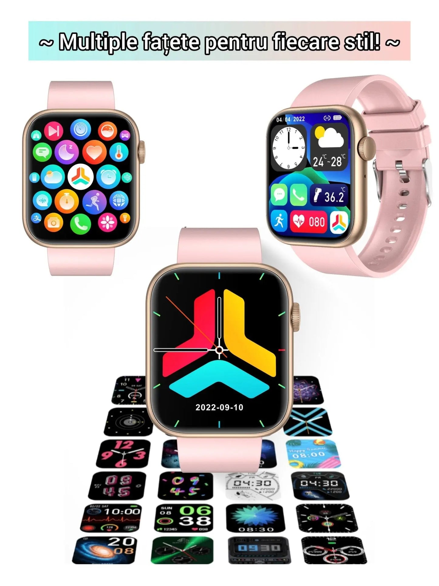 Smartwatch TechGS®, Ecran TFT HD 1.85", Bluetooth 5.2, Monitorizare Cardiaca/Oxigen Sange/Temperatura, 100+ Modele Sportive, Rezistent la Apa IP67, Apeluri Bluetooth, Compatibil Android & iOS, Roz - Cumpara24