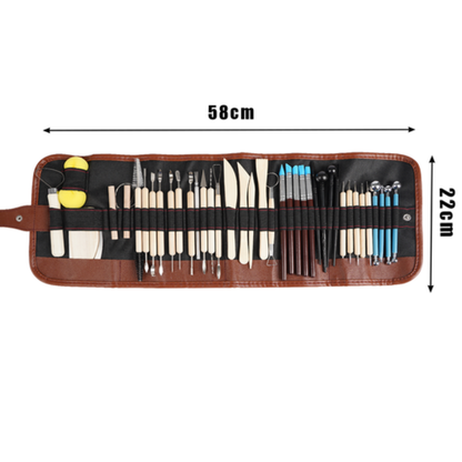Set Instrumente pentru Modelat si Sculptat in Lut, 40 ustensile, Plastic, Lemn si Otel, Husa Depozitare