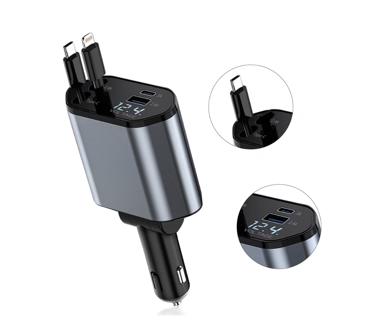 Incarcator Auto 4-in-1 120W cu 2 Porturi USB + Cabluri Retractabile USB-C si Lightning – Incarcare Rapida