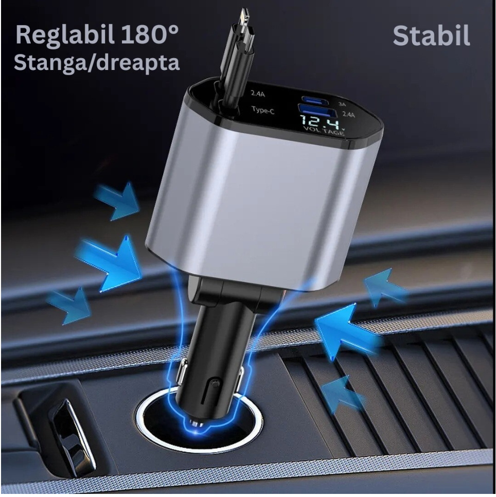 Incarcator Auto 4-in-1 120W cu 2 Porturi USB + Cabluri Retractabile USB-C si Lightning – Incarcare Rapida