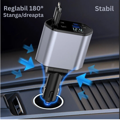Incarcator Auto 4-in-1 120W cu 2 Porturi USB + Cabluri Retractabile USB-C si Lightning – Incarcare Rapida