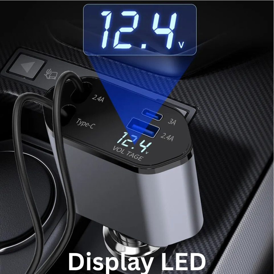 Incarcator Auto 4-in-1 120W cu 2 Porturi USB + Cabluri Retractabile USB-C si Lightning – Incarcare Rapida