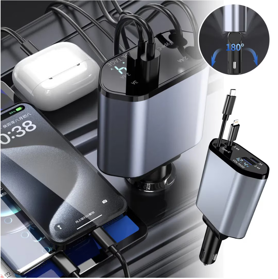 Incarcator Auto 4-in-1 120W cu 2 Porturi USB + Cabluri Retractabile USB-C si Lightning – Incarcare Rapida