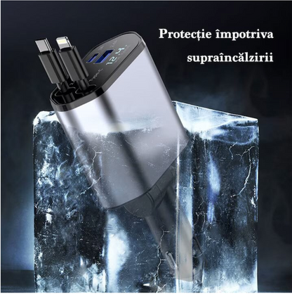 Incarcator Auto 4-in-1 120W cu 2 Porturi USB + Cabluri Retractabile USB-C si Lightning – Incarcare Rapida