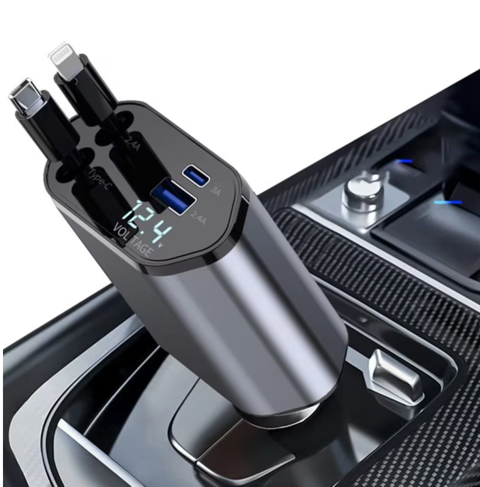 Incarcator Auto 4-in-1 120W cu 2 Porturi USB + Cabluri Retractabile USB-C si Lightning – Incarcare Rapida