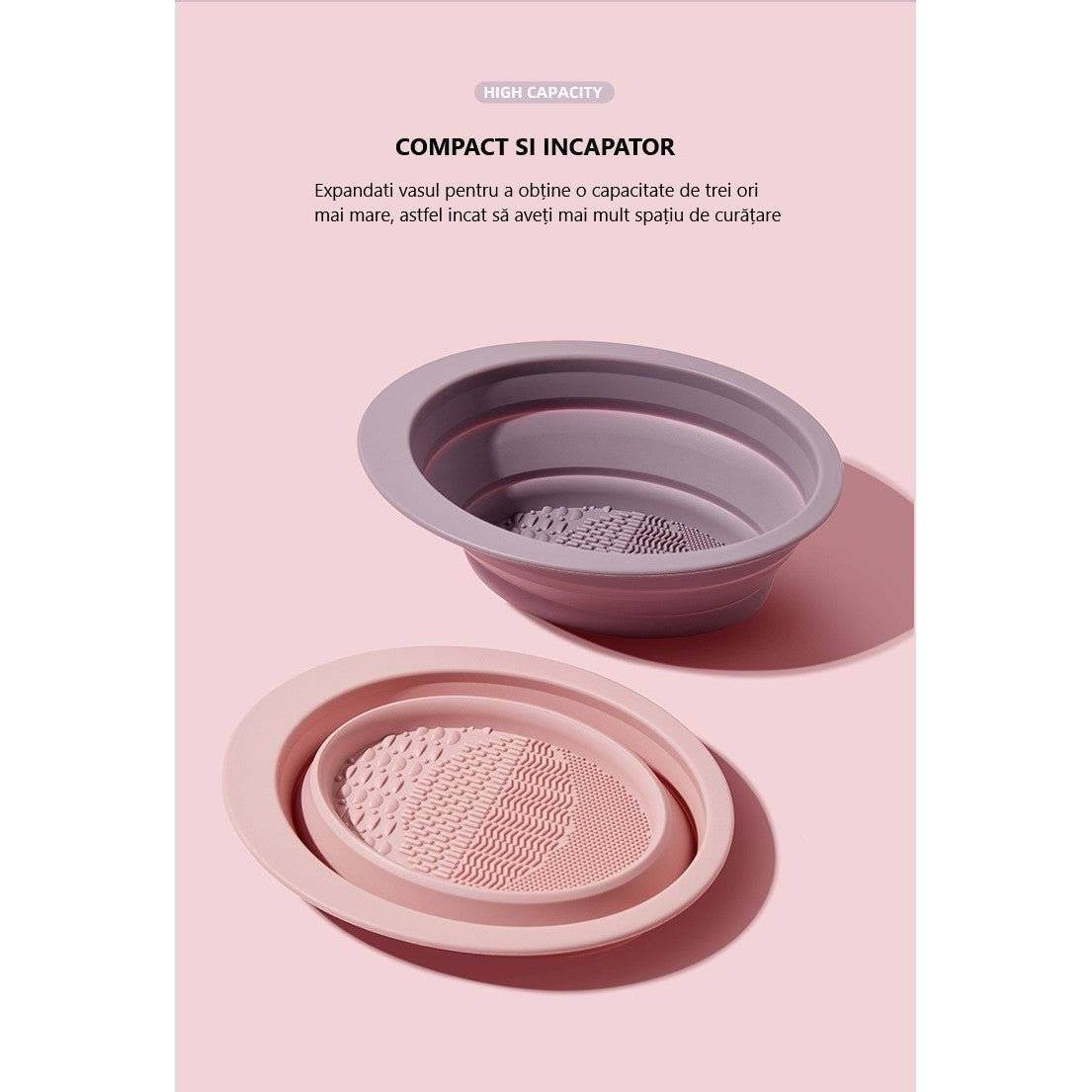 Accesoriu compact și pliabil din silicon pentru curățarea pensulelor și bureților de machiaj, cu design extensibil pentru mai mult spațiu.