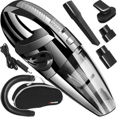 Aspirator auto portabil, 90W, negru, cu filtru HEPA și accesorii incluse pentru curățare eficientă. Design ergonomic și baterie de 2500mAh.