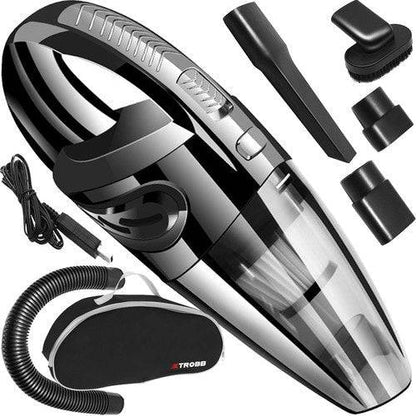 Aspirator auto portabil, 90W, negru, cu filtru HEPA și accesorii incluse pentru curățare eficientă. Design ergonomic și baterie de 2500mAh.