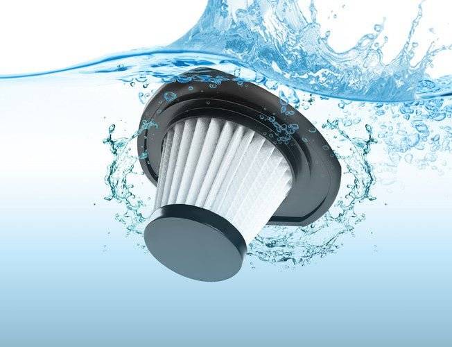 Filtru HEPA lavabil al aspiratorului auto portabil, asigurând o filtrare eficientă a particulelor de praf și murdărie.