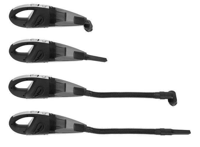 Aspirator auto portabil cu multiple accesorii pentru curățare versatilă. Ideal pentru spații înguste și suprafețe variate.