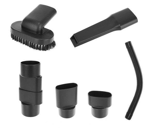 Set de accesorii pentru aspirator auto portabil, incluzând perie, duze și furtun flexibil pentru curățare detaliată.