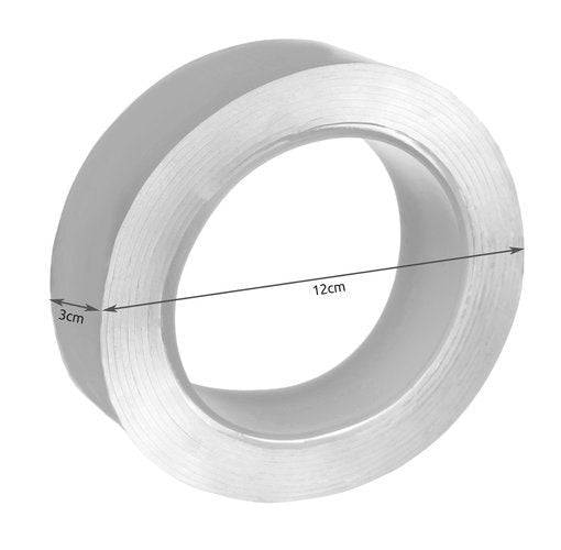Dimensiuni bandă autoadezivă cu două fețe: lungime 3m, lățime 3cm, diametru 12cm. Ideală pentru fixare eficientă, disponibilă pe Cumpara24.