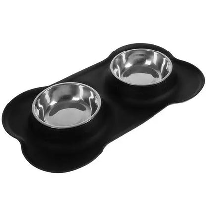 Bol Dublu pentru Caini si Pisici din Metal + Silicon, 450 ml, Negru - Cumpara24
