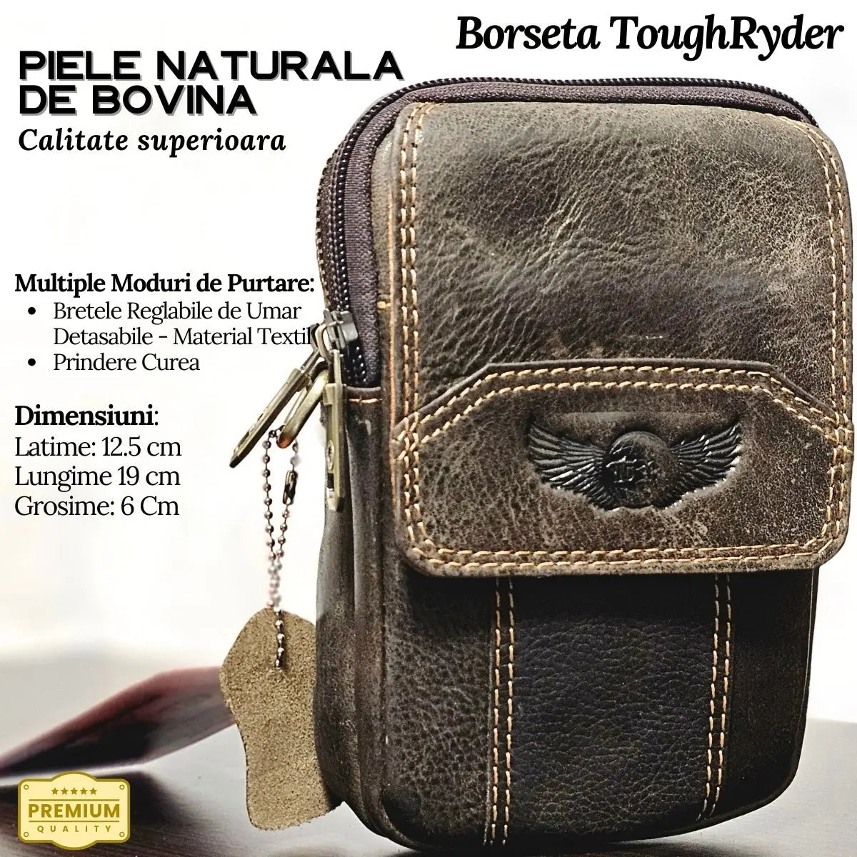 Borseta din Piele Naturala ToughRyder pentru Barbati, Multiple Moduri de Purtare: Curea sau Purtare pe Umar, 12.5x19x6.5 cm, Khaki - Cumpara24