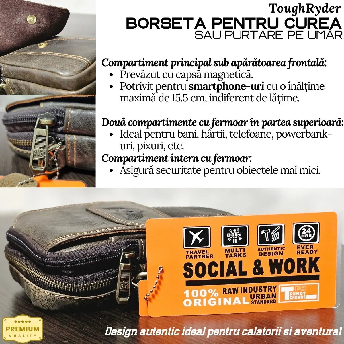 Borseta din Piele Naturala ToughRyder pentru Barbati, Multiple Moduri de Purtare: Curea sau Purtare pe Umar, 12.5x19x6.5 cm, Khaki - Cumpara24