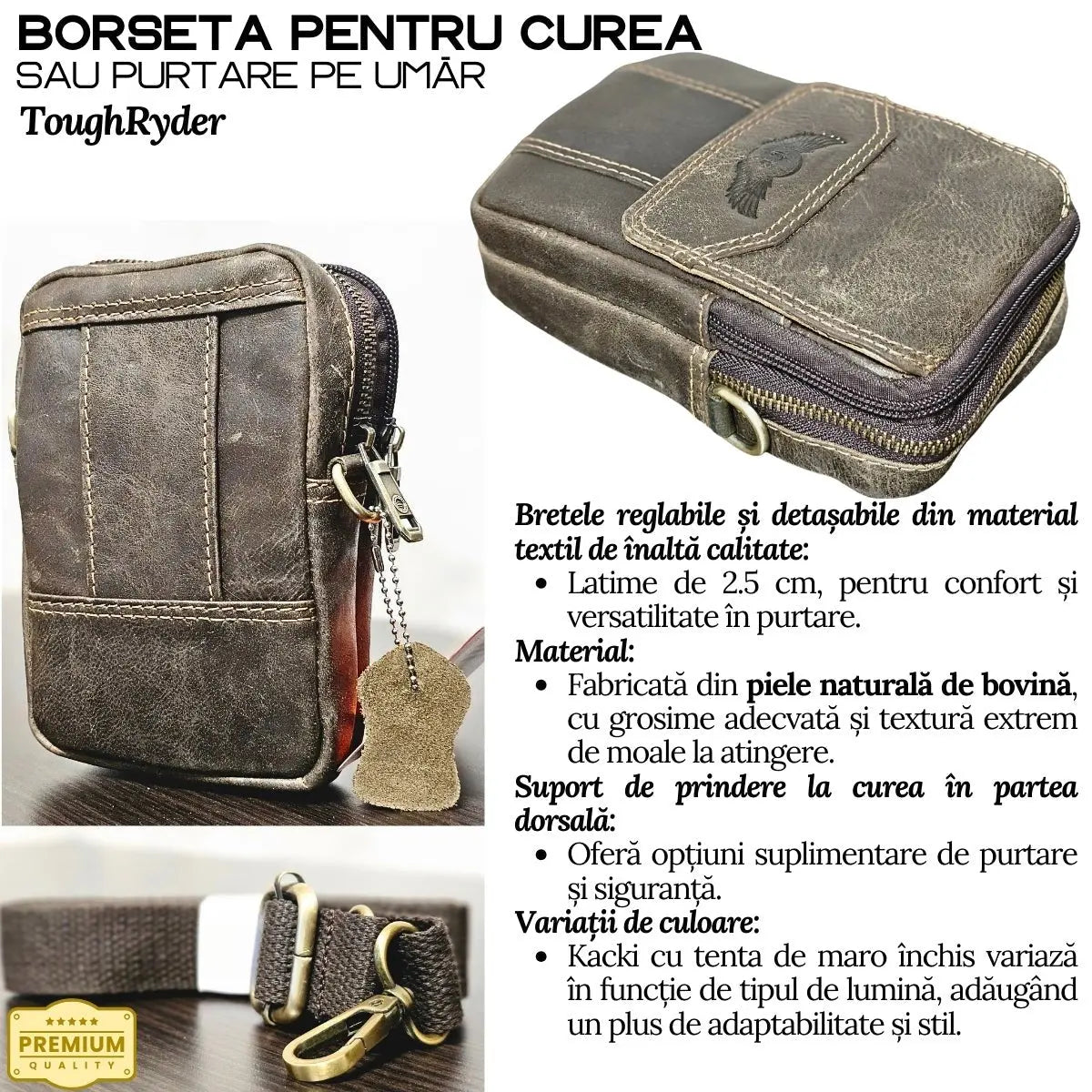 Borseta din Piele Naturala ToughRyder pentru Barbati, Multiple Moduri de Purtare: Curea sau Purtare pe Umar, 12.5x19x6.5 cm, Khaki - Cumpara24