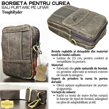 Borseta din Piele Naturala ToughRyder pentru Barbati, Multiple Moduri de Purtare: Curea sau Purtare pe Umar, 12.5x19x6.5 cm, Khaki - Cumpara24