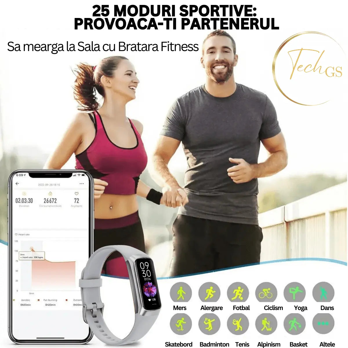 Ceas si Bratara Fitness 2 in 1 TechGS®, Argintiu - Cumpara24