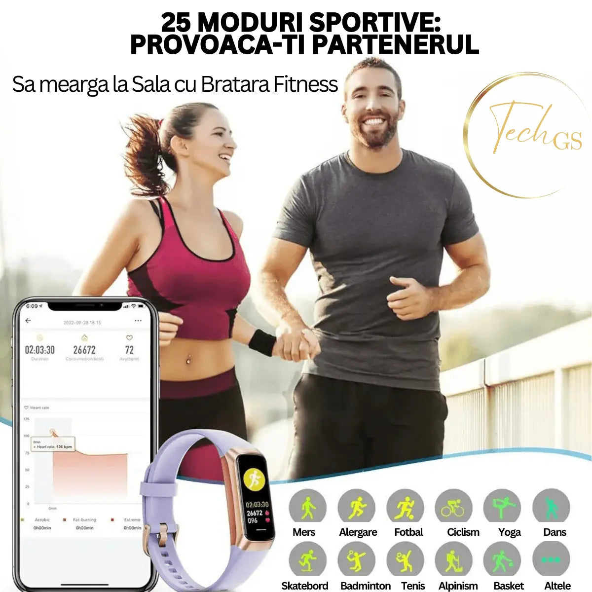 Ceas si Bratara Fitness 2 in 1 TechGS®, Lila - Cumpara24