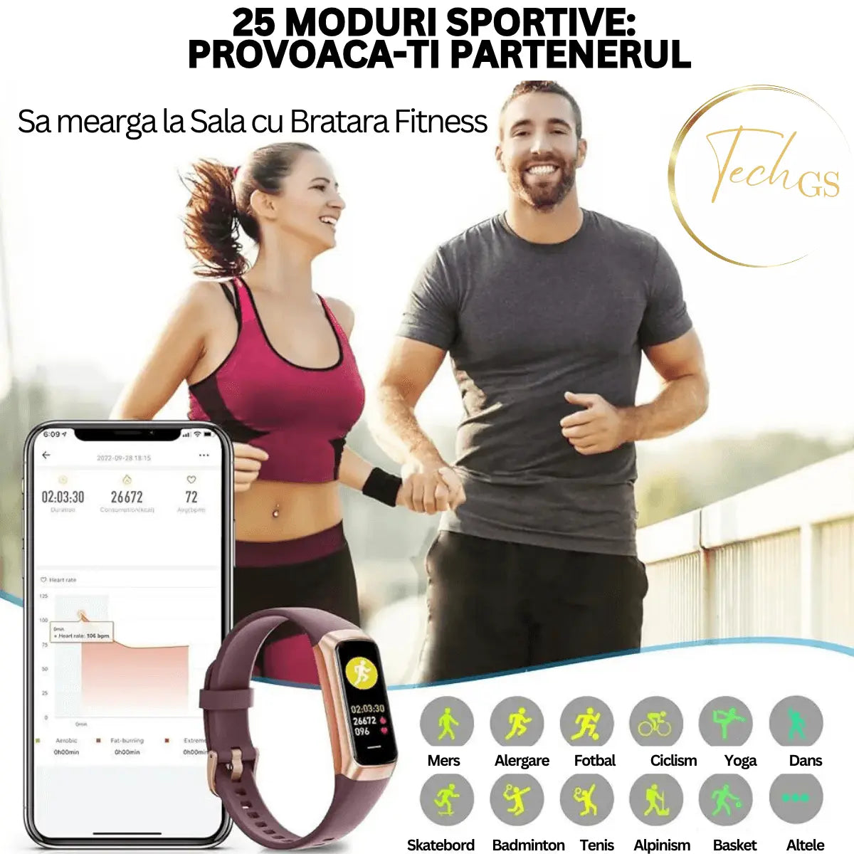 Ceas si Bratara Fitness 2 in 1 TechGS®, Mov - Cumpara24