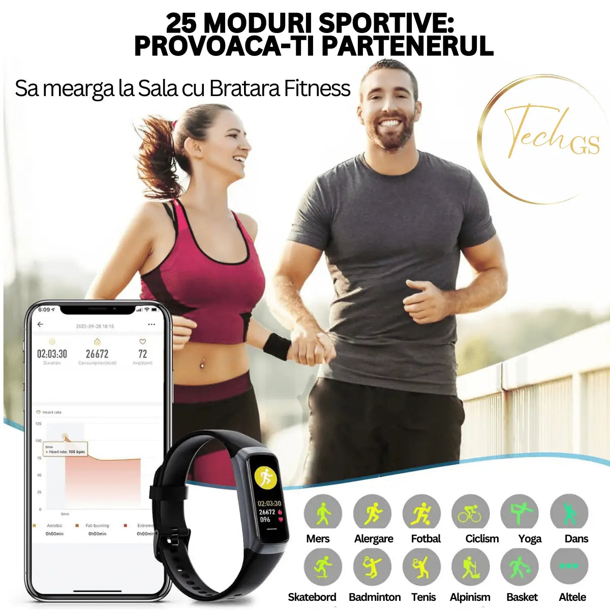 Ceas si Bratara Fitness 2 in 1 TechGS®, Negru - Cumpara24
