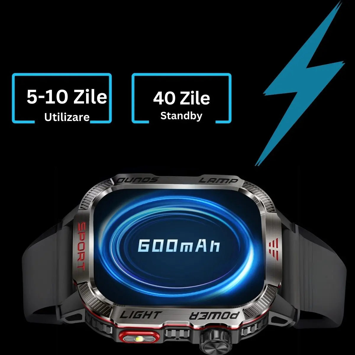 Ceas Smartwatch Barbatesc Stil Militar, TechGS®, Baterie 600 mAh, Ecran de 2.01 Inch, Meniu in Limba Romana, Pedometru, Pulsoximetru, 100+ Moduri Sportive, Lanterna, Lampa UV - Cumpara24