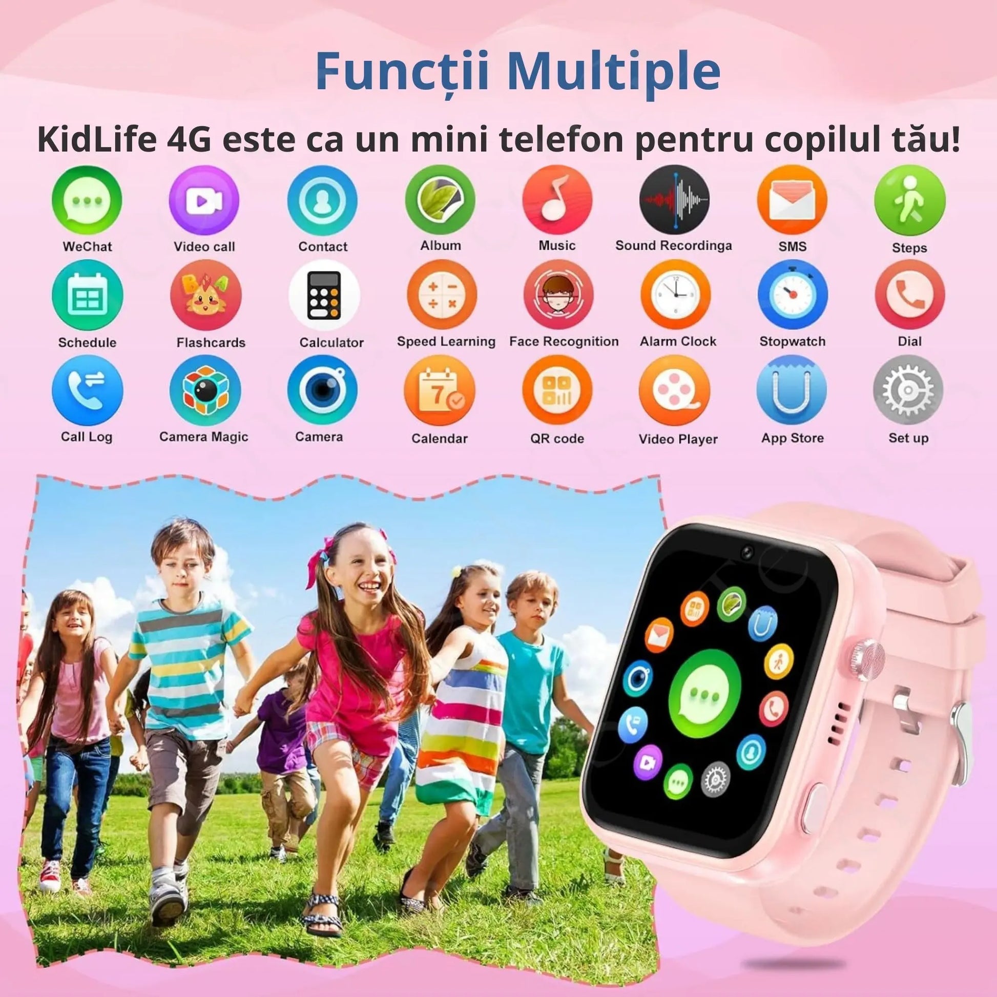 Ceas Smartwatch Copii, KidLife TechGS®, 4G cu GPS, 1.83 inch, Aplicatii, Monitorizare Traseu, Buton SOS, Sistem de Operare Android, Apelare Telefonica, Apel Video, 6 - 12 Ani, Baterie 700 mAh, Roz - Cumpara24